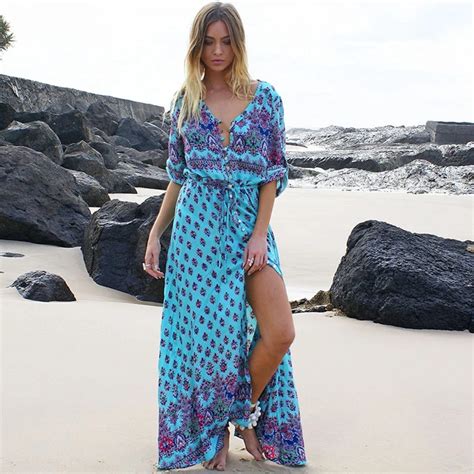 Bohemian Beach Maxi Dress Summer Floral Print Vintage Tie In Fronts V