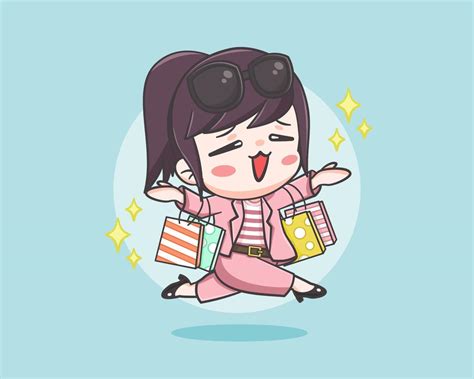 Cute girl shopping happily cartoon illustration 4235220 Vector Art at ...