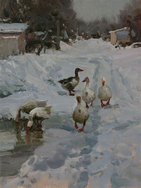 Geese Are On The Snow Painting 40x30 Cm ©2014 By Aleksander Babich