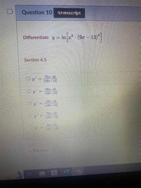 Solved Differentiate Y Ln[x3⋅ 9x−13 4] Section 4 5