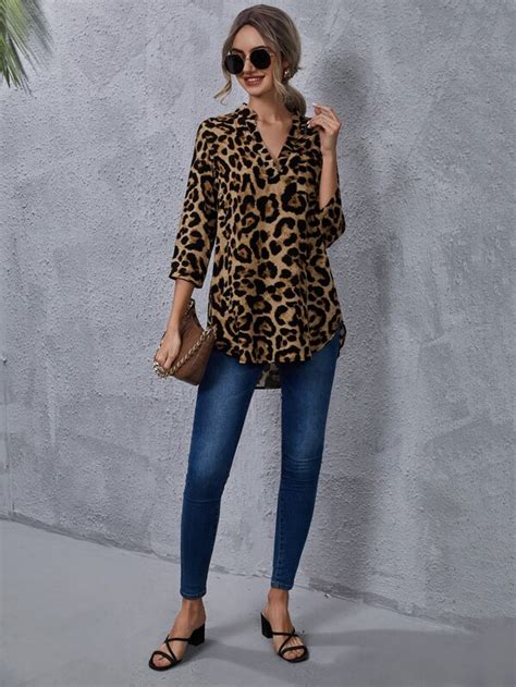 Shein Clasi All Over Leopard Print Notched Neck Blouse Shein Eur