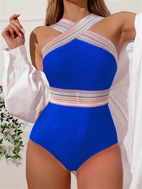 Striped Tape Crisscross One Piece Swimsuit Shein Usa