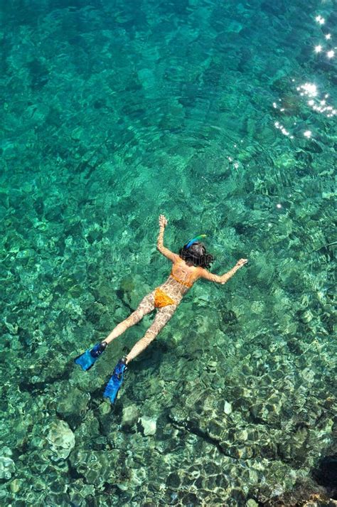 Woman In Orange Bikini Underwater With Snorkel Picture Image 83036164