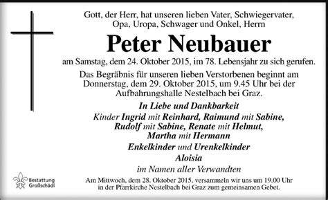 Traueranzeigen Von Peter Neubauer Trauer Kleinezeitung At