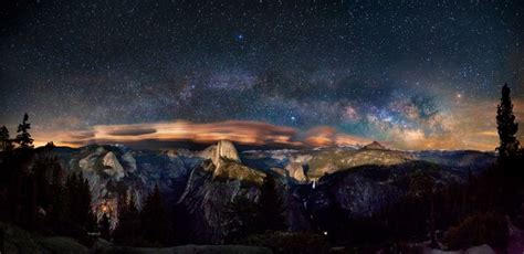 Landscape Forest Mountains Night Galaxy Nature Long Exposure