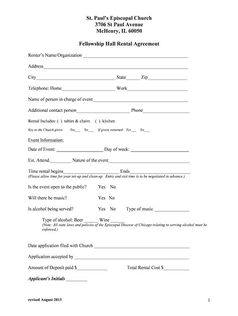 Fillable Online Fellowship Hall Rental Agreement August 2013 Fax Email