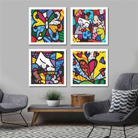 Kit 4 Quadros Romero Britto Moldura 2382 REF 606 MadeiraMadeira