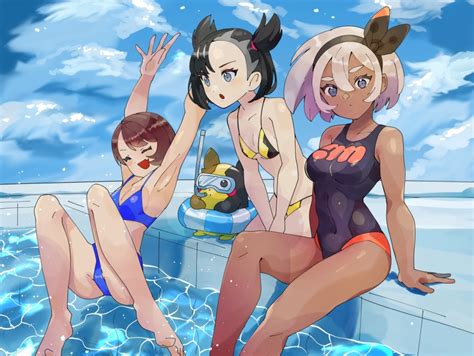 Rule 34 3girls Bea Pokemon Bikini Black Bikini Black Hair Blue