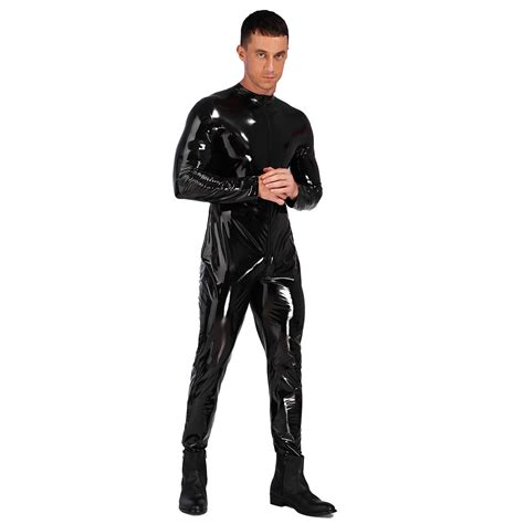 Männer Bodysuit Wetlook Langarm Lackleder Overall Reißverschluss