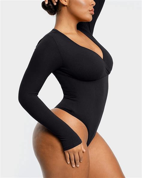 Cozy Ribbed Chic Cut Out Bodysuit V Neck Shapewear With Long Sleeves