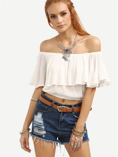 White Off The Shoulder Ruffle Crop Top SheIn Sheinside