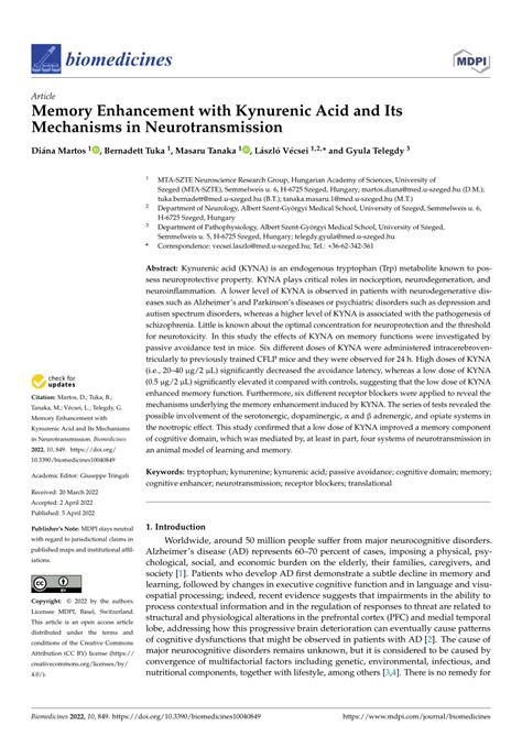 PDF Memory Enhancement With Kynurenic Acid And Its Mechanisms In