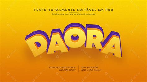 Efeito de Texto 3D Daora Amarelo e Roxo PSD Editável download Designi