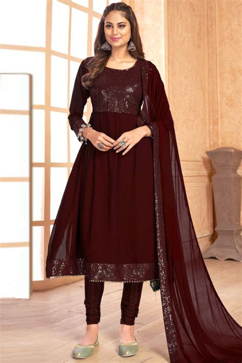 Buy Asian Prom Long Suits Georgette Dark Maroon Churidar Suit Lstv115935