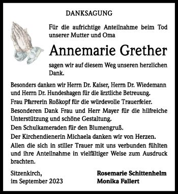 Traueranzeigen von Annemarie Grether Schwarzwälder Bote Trauer