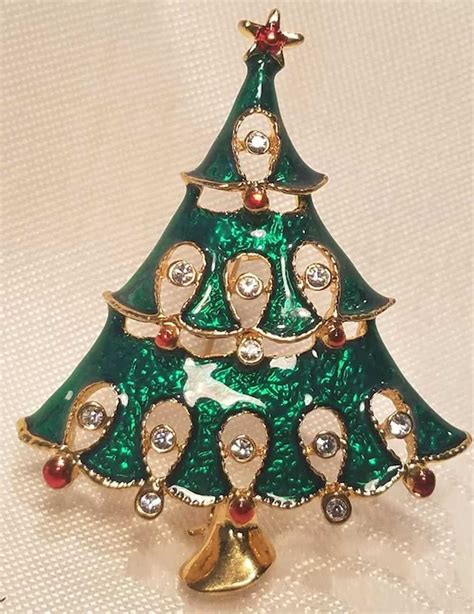 Vintage Christmas Green Enamel Tree Pin With Rhinesto Gem