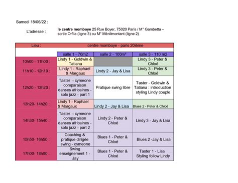 Planning Des Cours Et Tasters