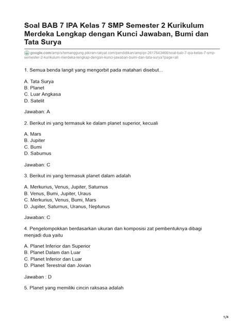 Soal Bab 7 Ipa Kelas 7 Smp Semester 2 Kurikulum Merdeka Lengkap Dengan
