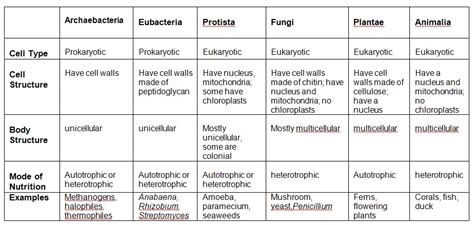 Six Kingdoms Classification Chart