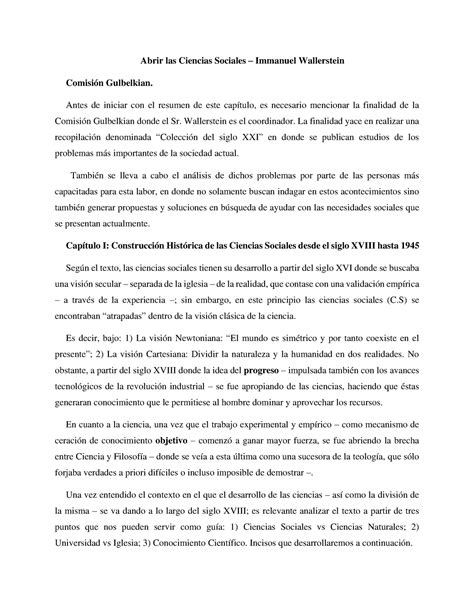 Abrir Las Ciencias Sociales Resumen Abrir Las Ciencias Sociales