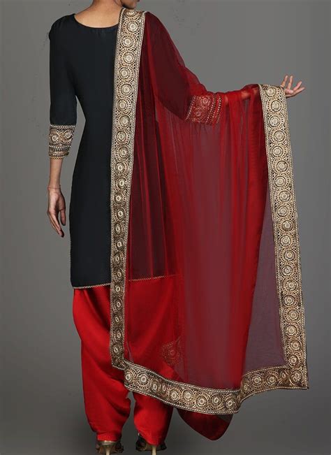 Black And Red Embroidered Punjabi Suit Features A Taffeta Silk Kameez