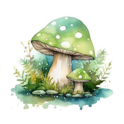 Premium AI Image Whimsical Green Mushroom Watercolor Clipart