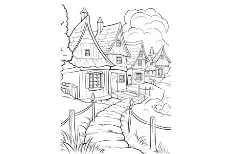 Village Scenery Coloring Page Graphic by mimishop · Creative Fabrica