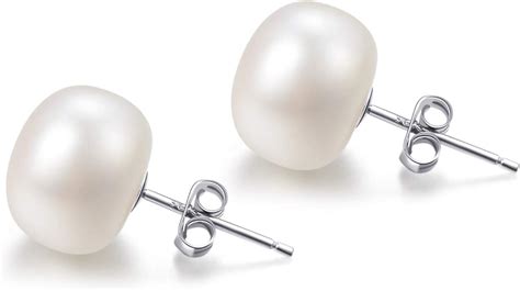 Real 10MM White Pearl Earrings 925 Sterling Silver Flat Button