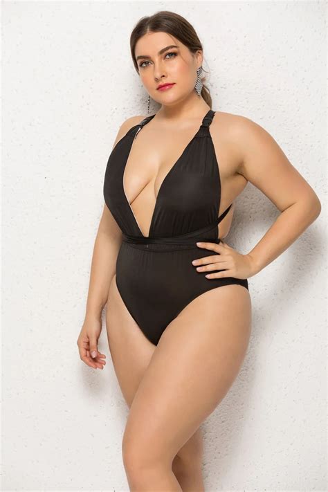 New Plus Size Large Size One Piece Swimsuit Tankini Black Deep V Sexy