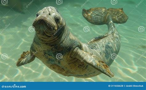 Sea Lion With Mermaid Tail Swimming In The Water Fantasy Stock