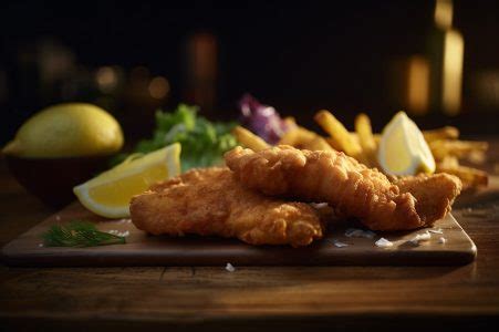 Tiras De Peixe Frito Crocante Batatas Fritas Na Mesa De Madeira