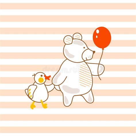 Cute Bear And Duck Friends Pink Vector Illustration For Apparel Striped