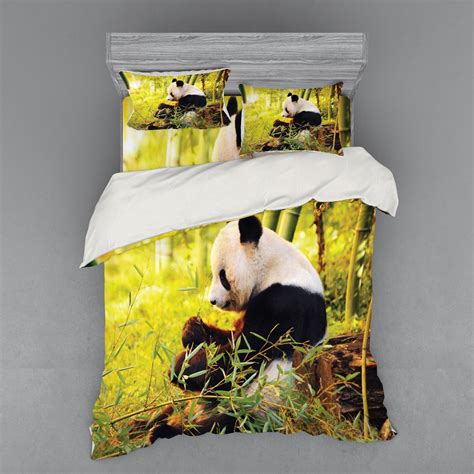 Panda Duvet Cover Set Big Panda Sitting Forest Eating Bamboo Tree