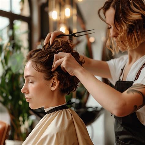 A Woman Is Getting Her Hair Done By A Hairdresser Premium Ai