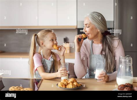 Cheerful Caucasian Aged Grandmother And Small Granddaughter In Aprons