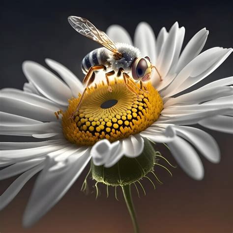 Una Abeja Se Sienta En Una Flor Con Un Centro Amarillo Foto Premium