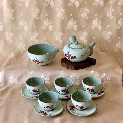 Korean Traditional Celadon Tea Set Red Flower Pattern Etsy Australia