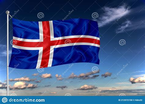 Iceland National Flag Waving In The Wind Against Deep Blue Sky