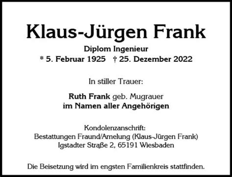 Traueranzeigen von Klaus Jürgen Frank vrm trauer de