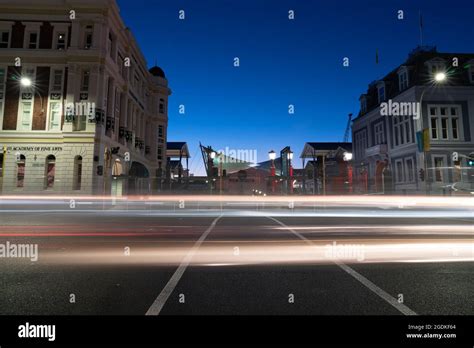 Urban Street At Night In Long Exposure With Horizontal Light Streaks