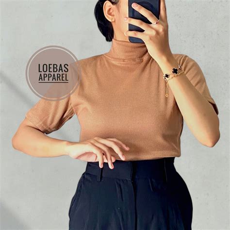 Jual Atasan Rajut Wanita Turtleneck Kerah Tinggi Lengan Pendek Kaos