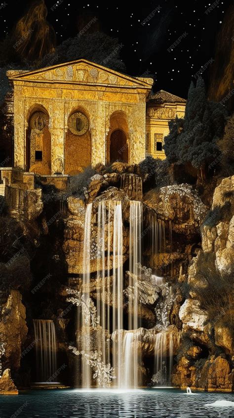 Premium AI Image | A small waterfall in front of a castle with a ...