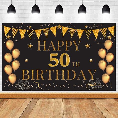 Buy Happy 50th Birthday Black Gold Backdrop Extra Large Fabric Black