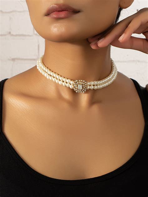 Rhinestone And Faux Pearl Decor Choker I 2024 Halsband Choker Bijouterier