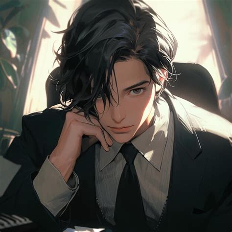 Premium Photo Anime Man With Black Hair And A Suit Sitting At A Desk Generative Ai