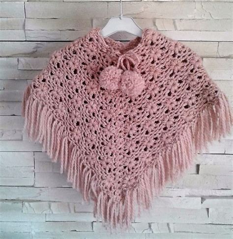 Poncho Boho Fille Crochet Rose En Fleurs Fait Main Pour 5 6 Ans