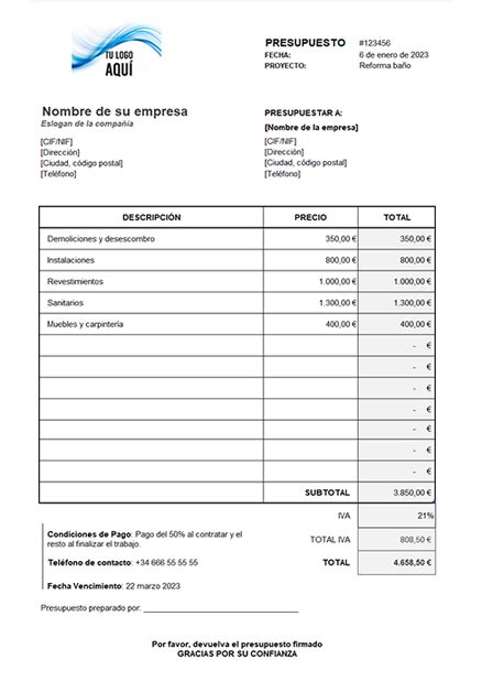 Plantilla Presupuesto En Word Excel Y PDF GRATIS