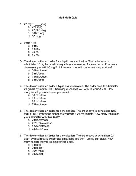 Med Math Quiz 2 Med Math Practice Quiz Med Math Quiz 27 Mg Mcg A 270 Mcg B 27 000