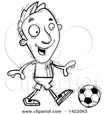 Clipart Of A Cartoon Black And White Lineart Doodled Male Soccer Player