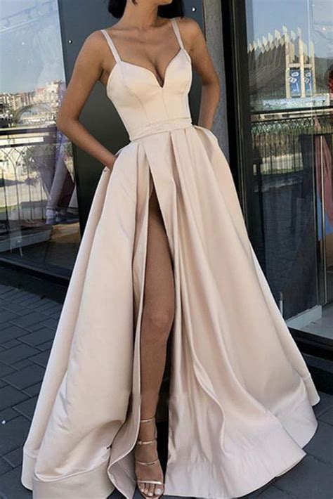 Buy Sexy A Line High Slit V Neck Spaghetti Straps Prom Dress Pockets